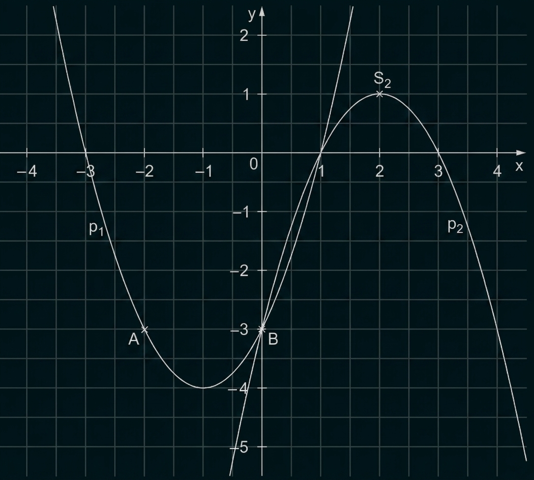 Koordinatensystem mit zwei Parabeln und markierten Punkten A, B und S₂.